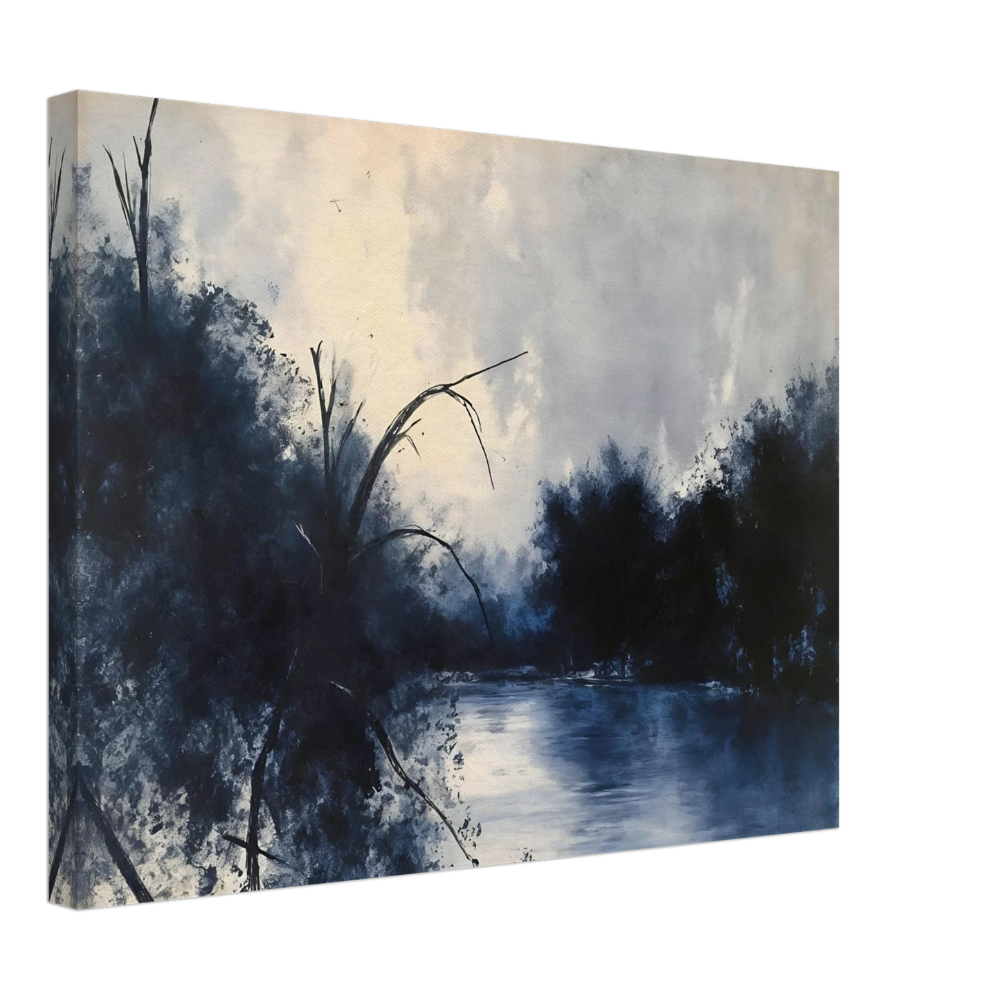 Blue river flows between dark trees beneath a pale cloudy sky in a moody woodland scene.