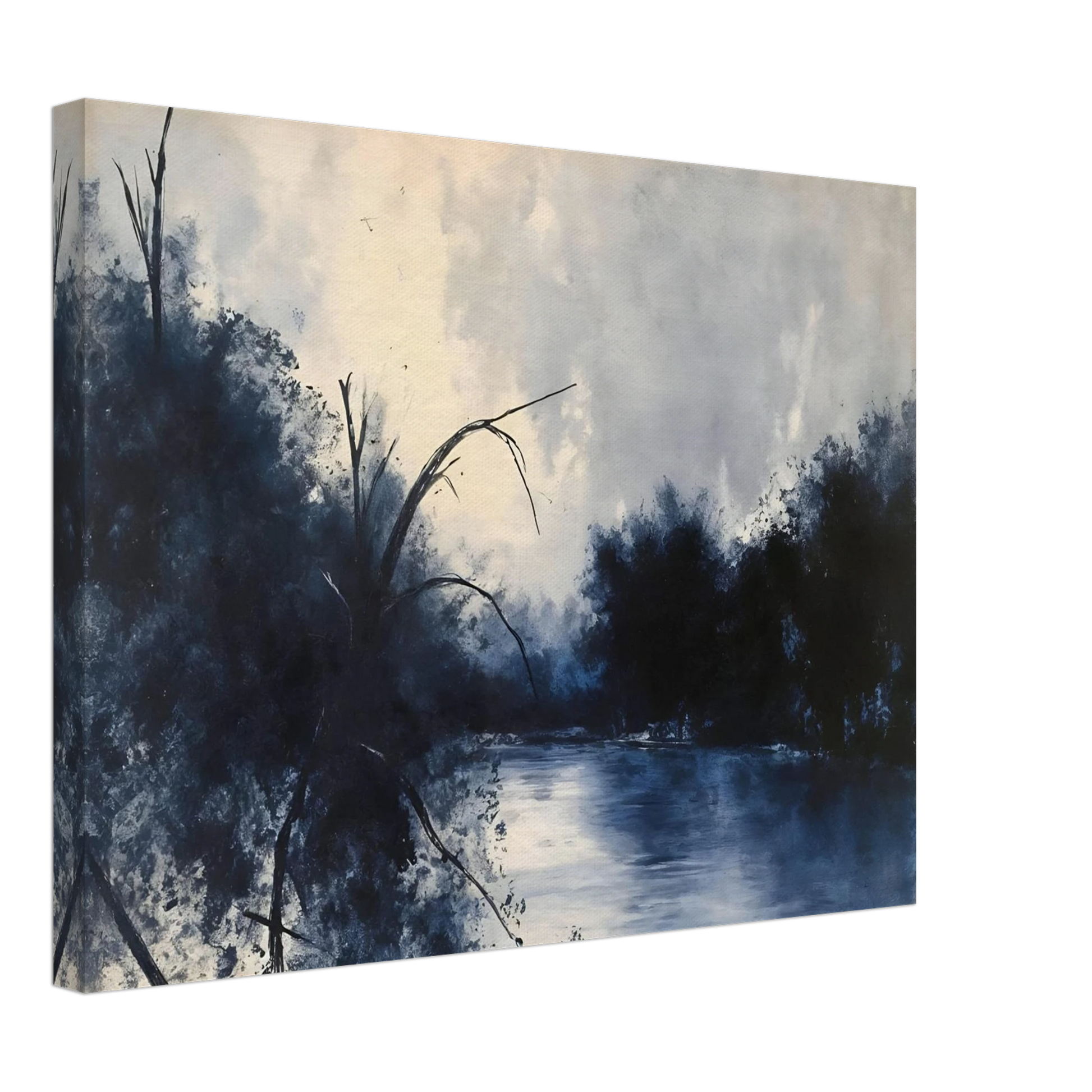 Blue river flows between dark trees beneath a pale cloudy sky in a moody woodland scene.