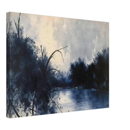 Blue river flows between dark trees beneath a pale cloudy sky in a moody woodland scene.