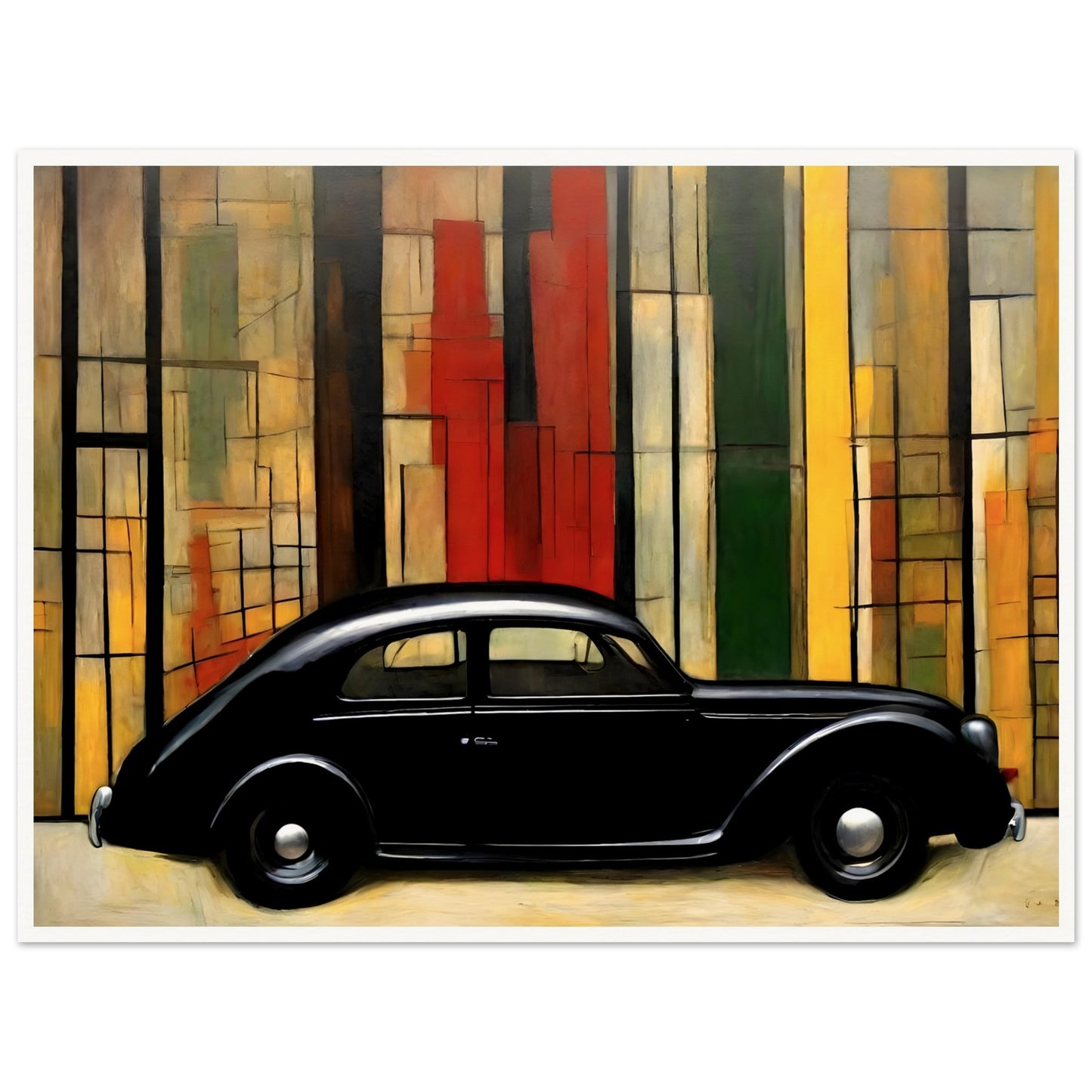 A sleek black vintage car set against a modernist background of vertical colored panels in red, yellow, and green tones.