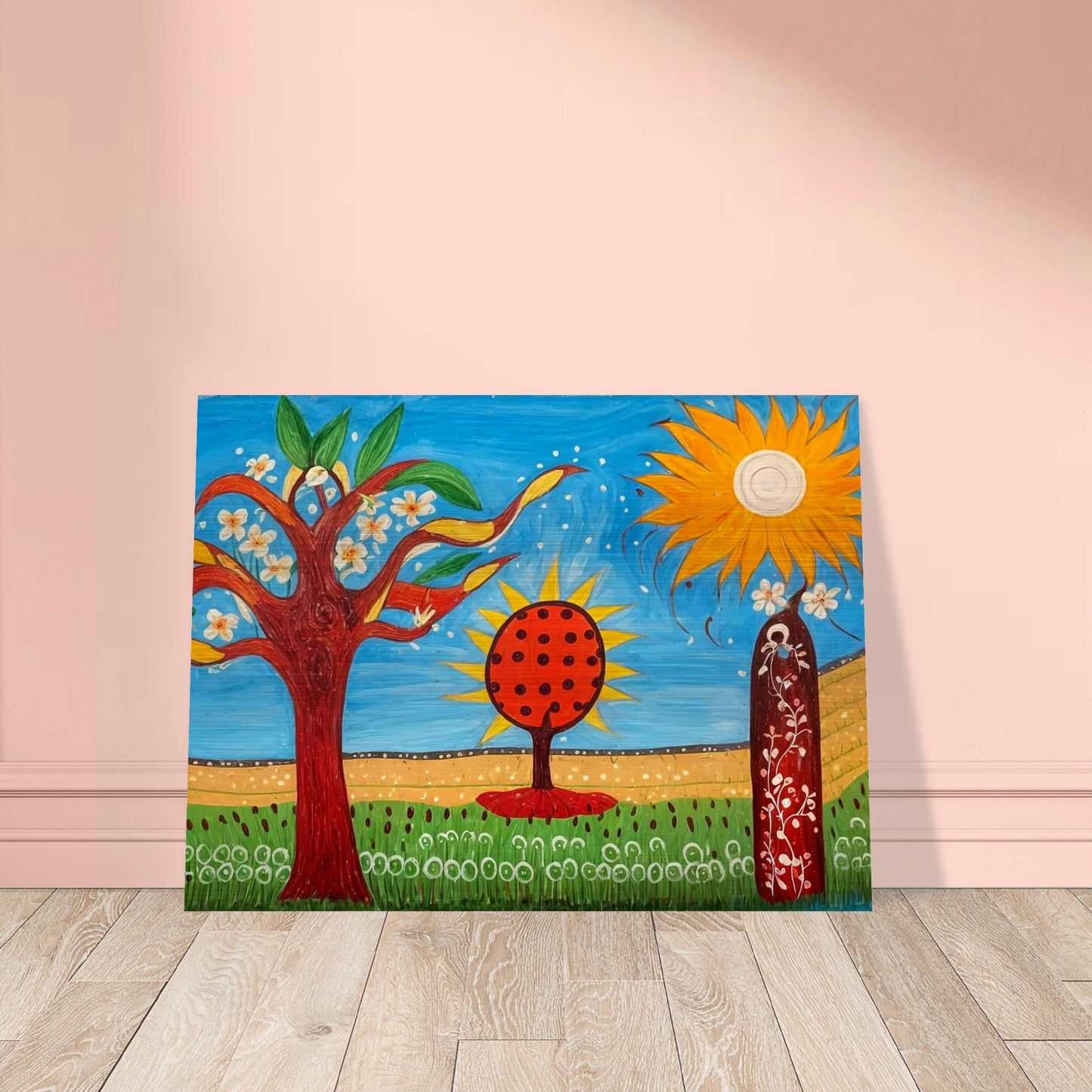 A whimsical, colorful landscape painting featuring blossoming trees, a bright orange tree with black dots, a large radiant sun, and a figure standing amidst flowers, evoking joy and fantasy.