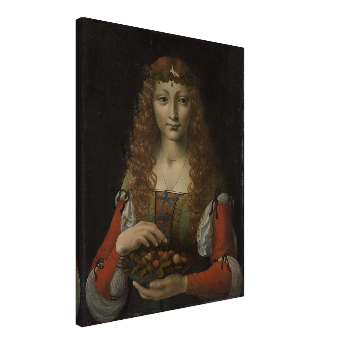 A young woman with long curls and a leafy crown holds a bowl of fruit against a dark background.
