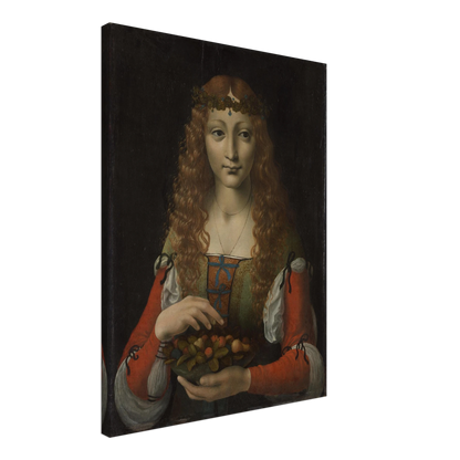 A young woman with long curls and a leafy crown holds a bowl of fruit against a dark background.