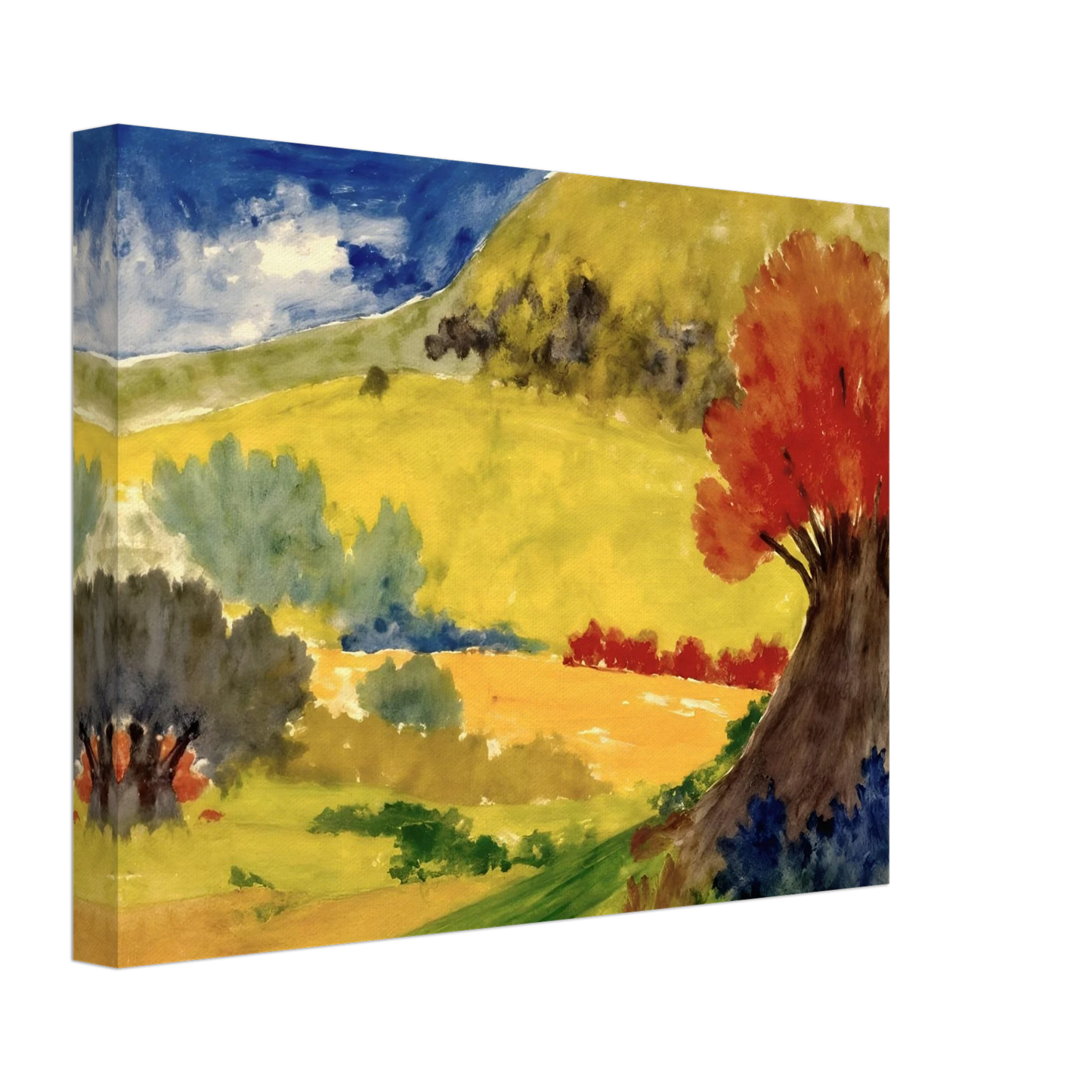 Red tree rises beside golden hills, green fields, and a deep blue sky in a bright countryside scene.