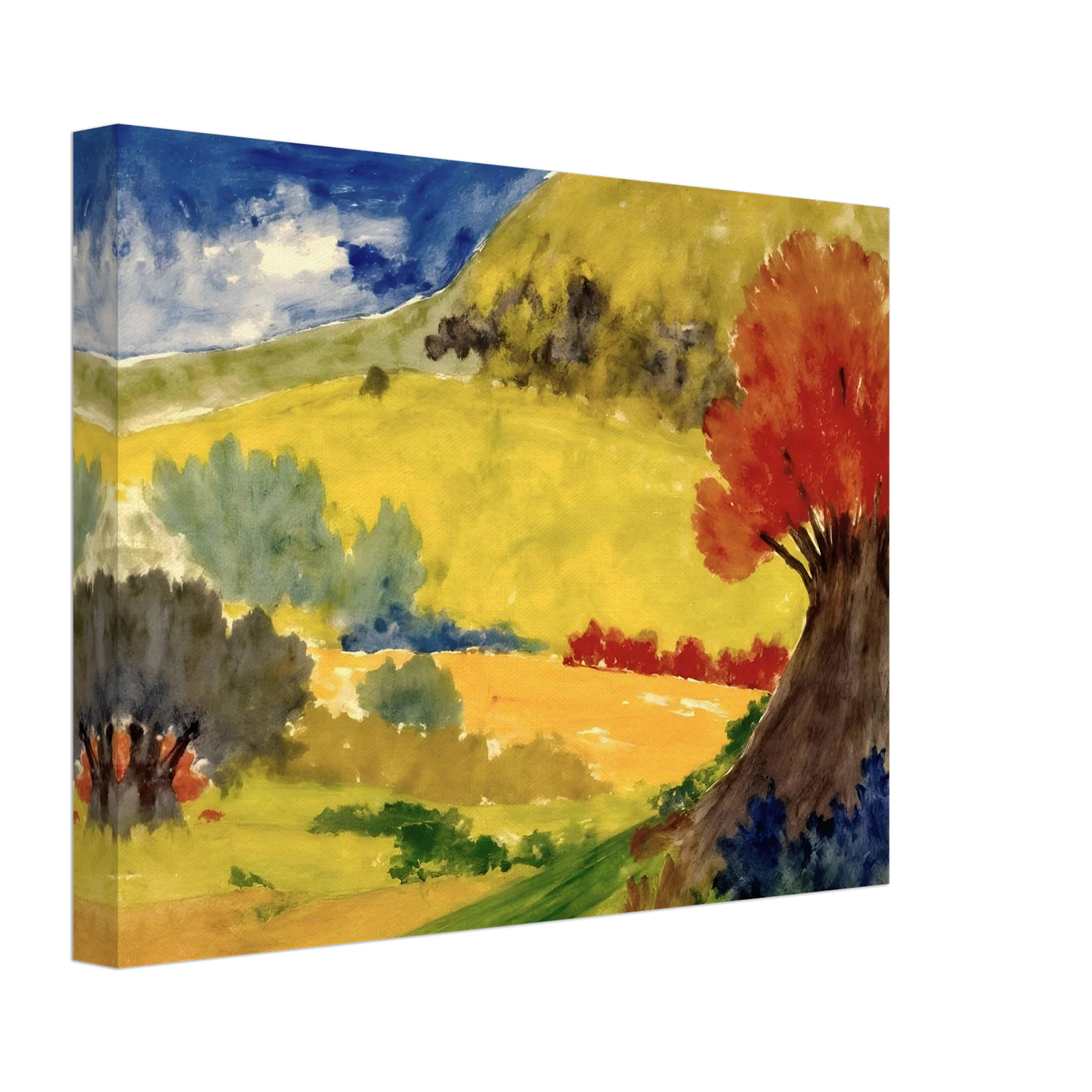 Red tree rises beside golden hills, green fields, and a deep blue sky in a bright countryside scene.