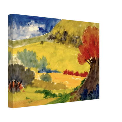 Red tree rises beside golden hills, green fields, and a deep blue sky in a bright countryside scene.