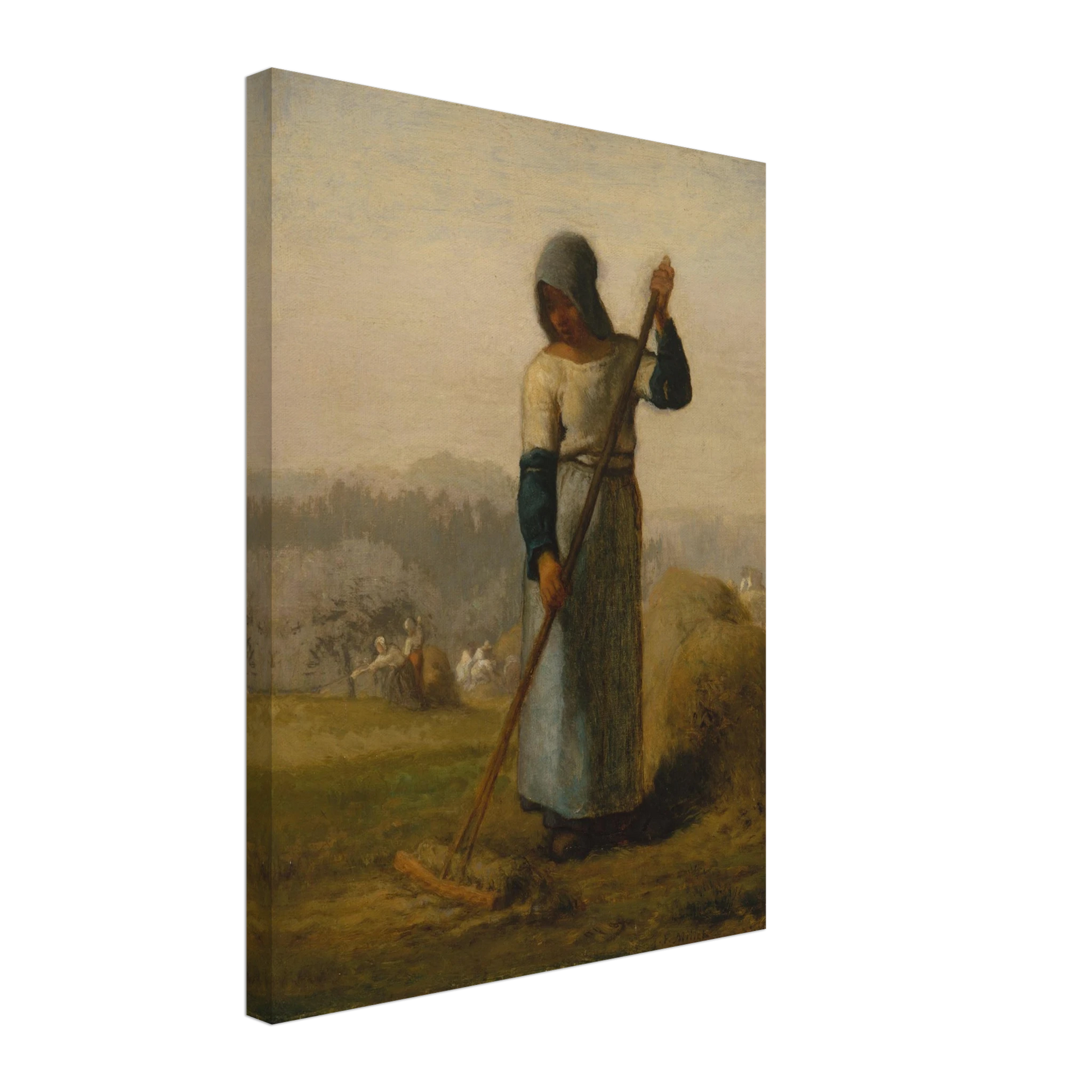 A peasant woman holds a wooden rake beside a haystack as farm workers gather hay in a distant field.