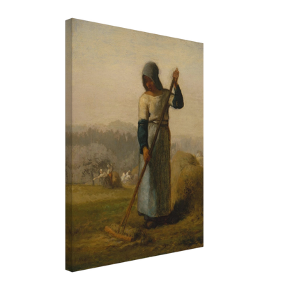 A peasant woman holds a wooden rake beside a haystack as farm workers gather hay in a distant field.