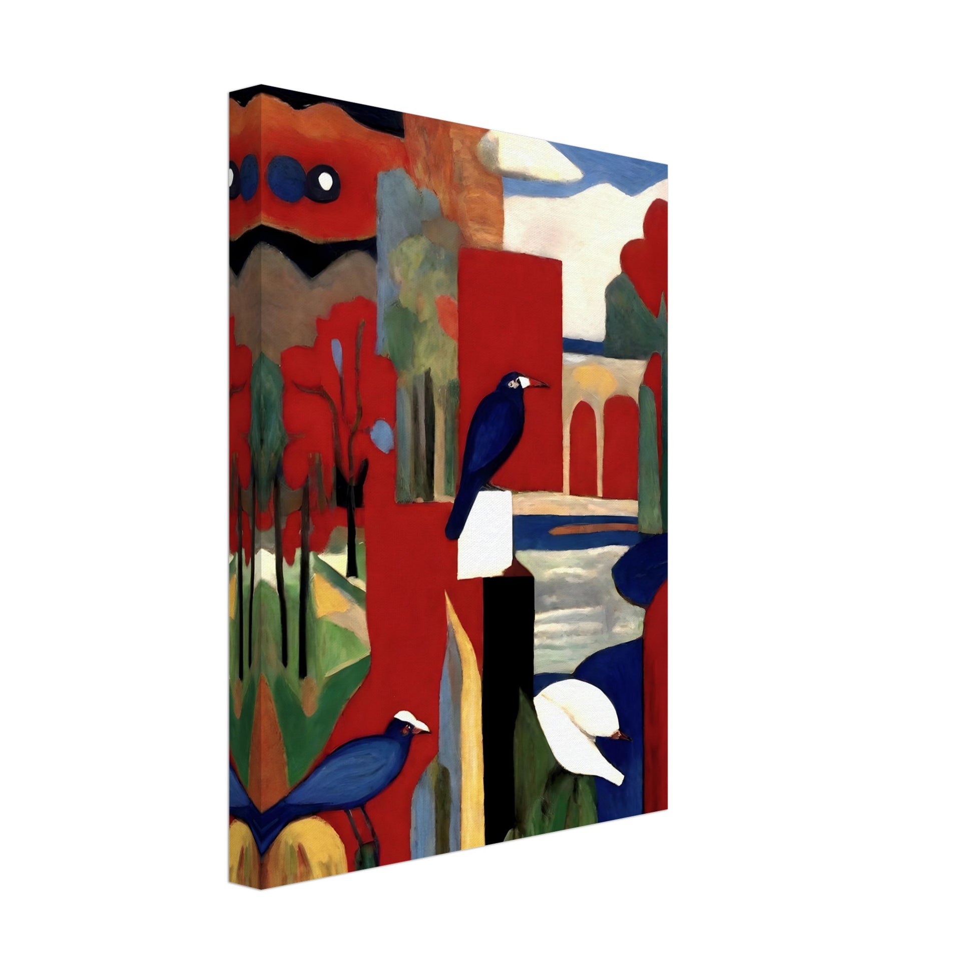 A modern abstract painting featuring blue and white birds perched in a vivid landscape with bold red, blue, and green geometric shapes and arches.