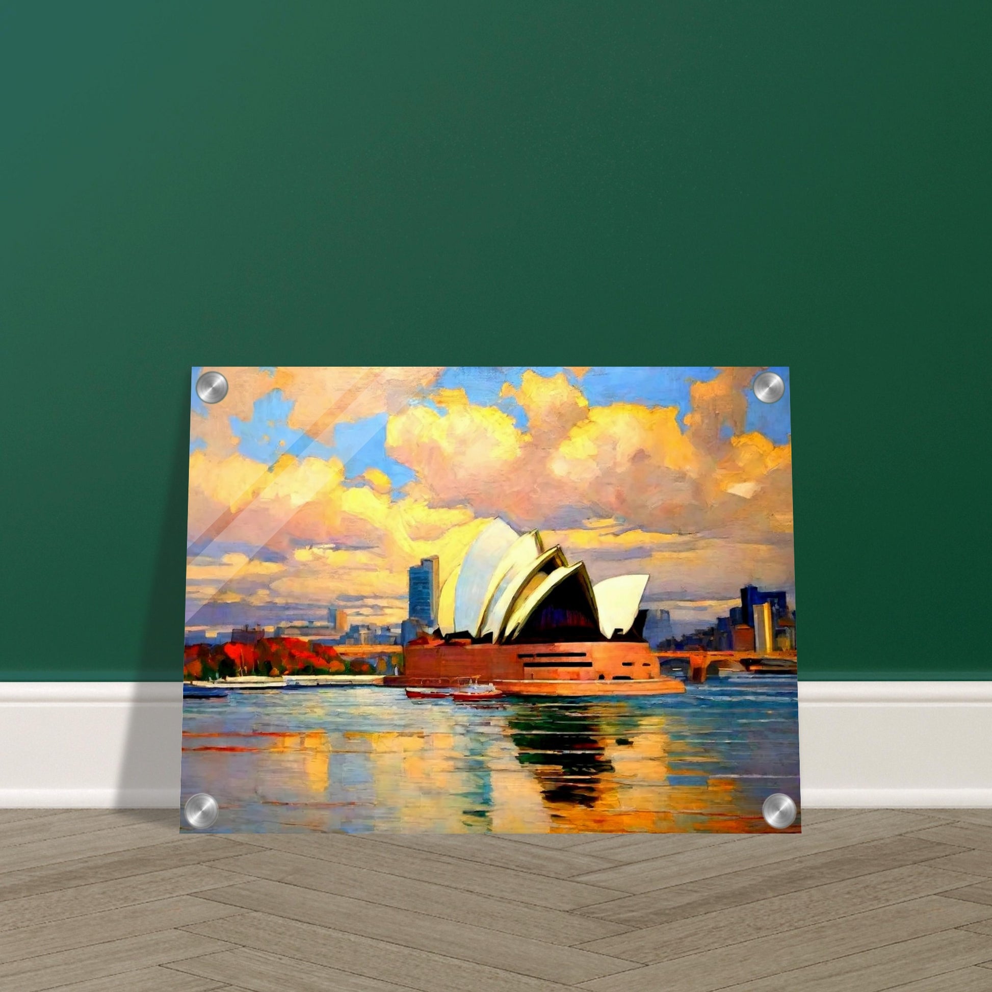 "A vibrant painting of the Sydney Opera House at sunset, with colorful clouds reflecting on the water, capturing the iconic structure and the city's skyline."