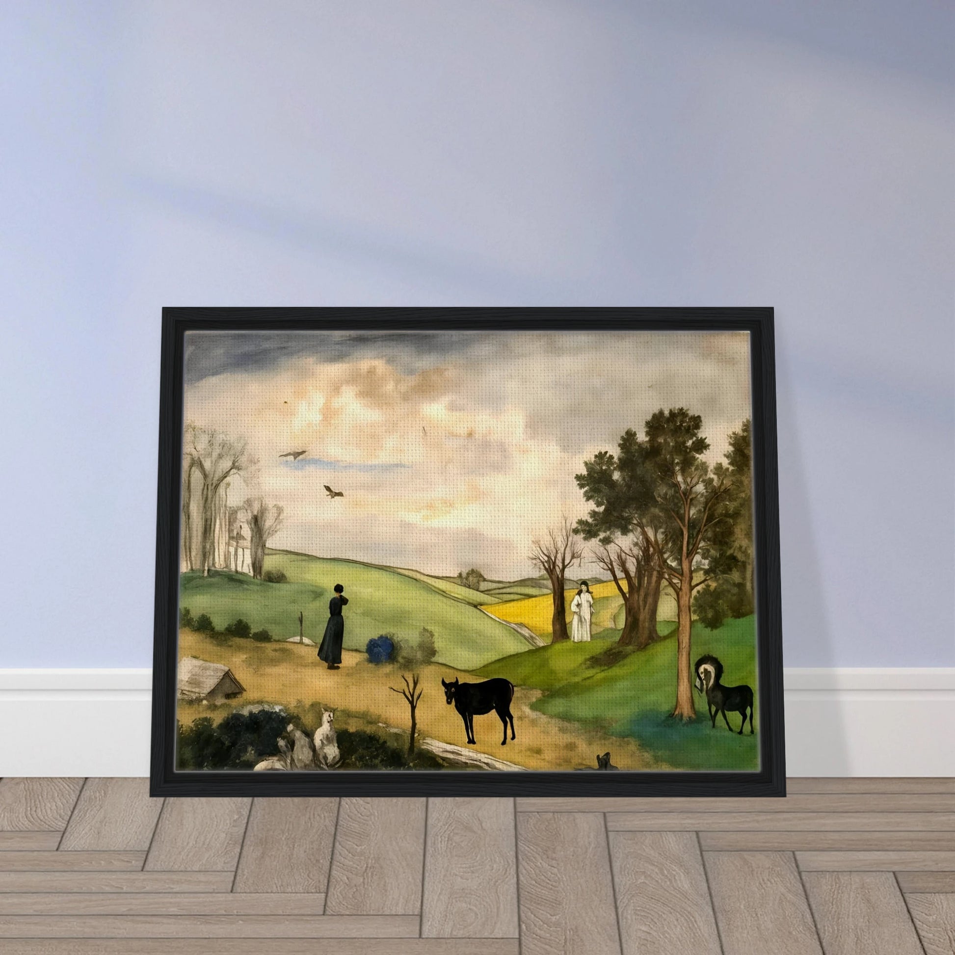 Figures, horses, birds, and trees rest across rolling green hills beneath a soft cloudy sky.