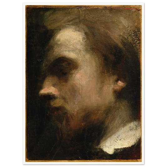 Profile portrait of a man with a white collar emerging from a dark background.