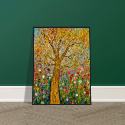A golden-barked tree stands tall in a vibrant field of blooming flowers, with multicolored petals dancing against a soft blue sky.