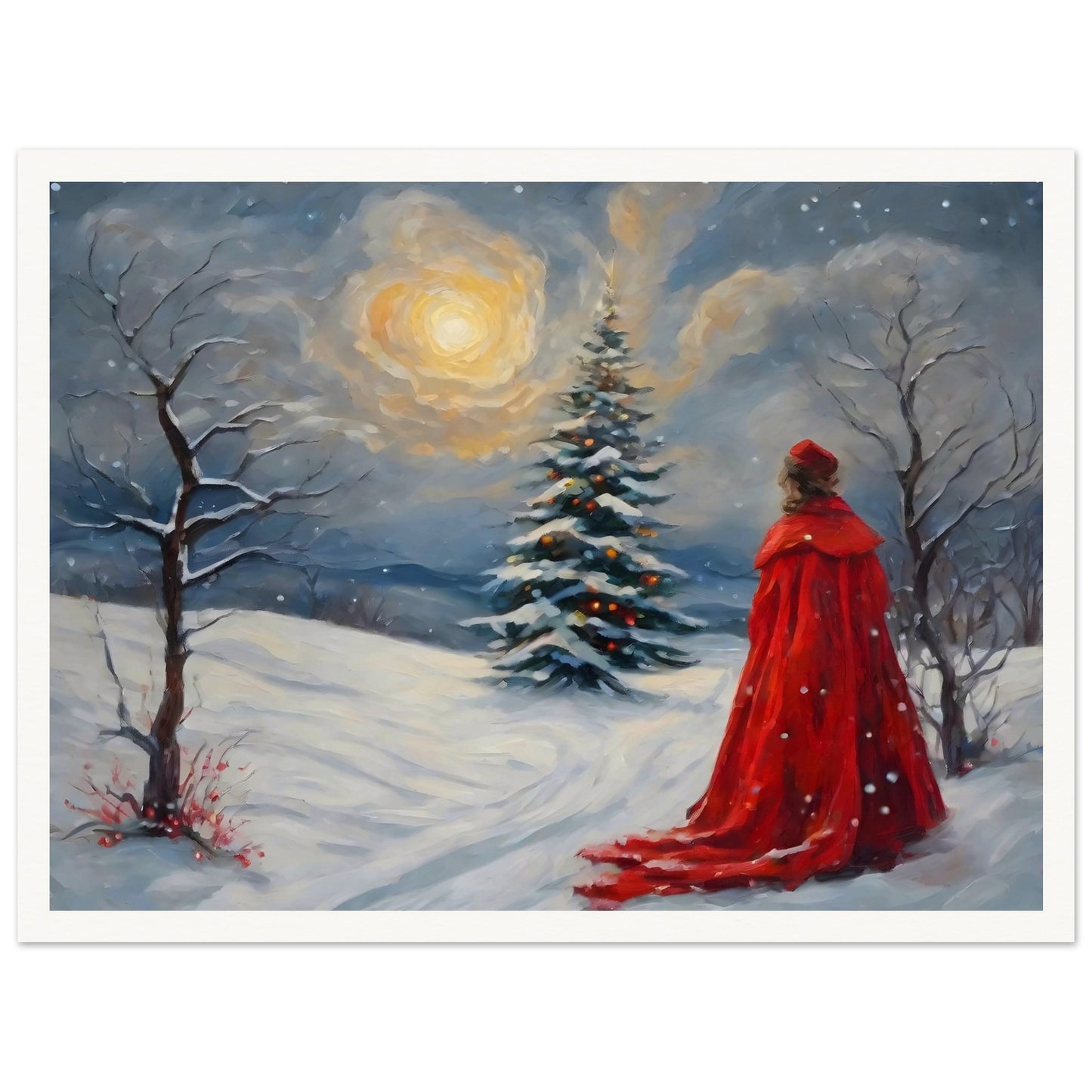 A woman in a flowing red cloak gazes at a glowing Christmas tree in a snowy landscape, illuminated by a radiant moon and serene winter sky.