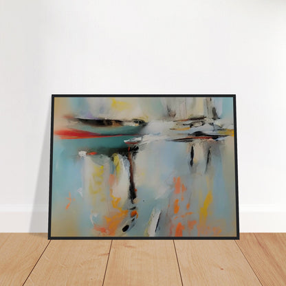 An abstract painting with soft, blurred colors reflecting on a calm water surface, creating a serene and tranquil atmosphere.