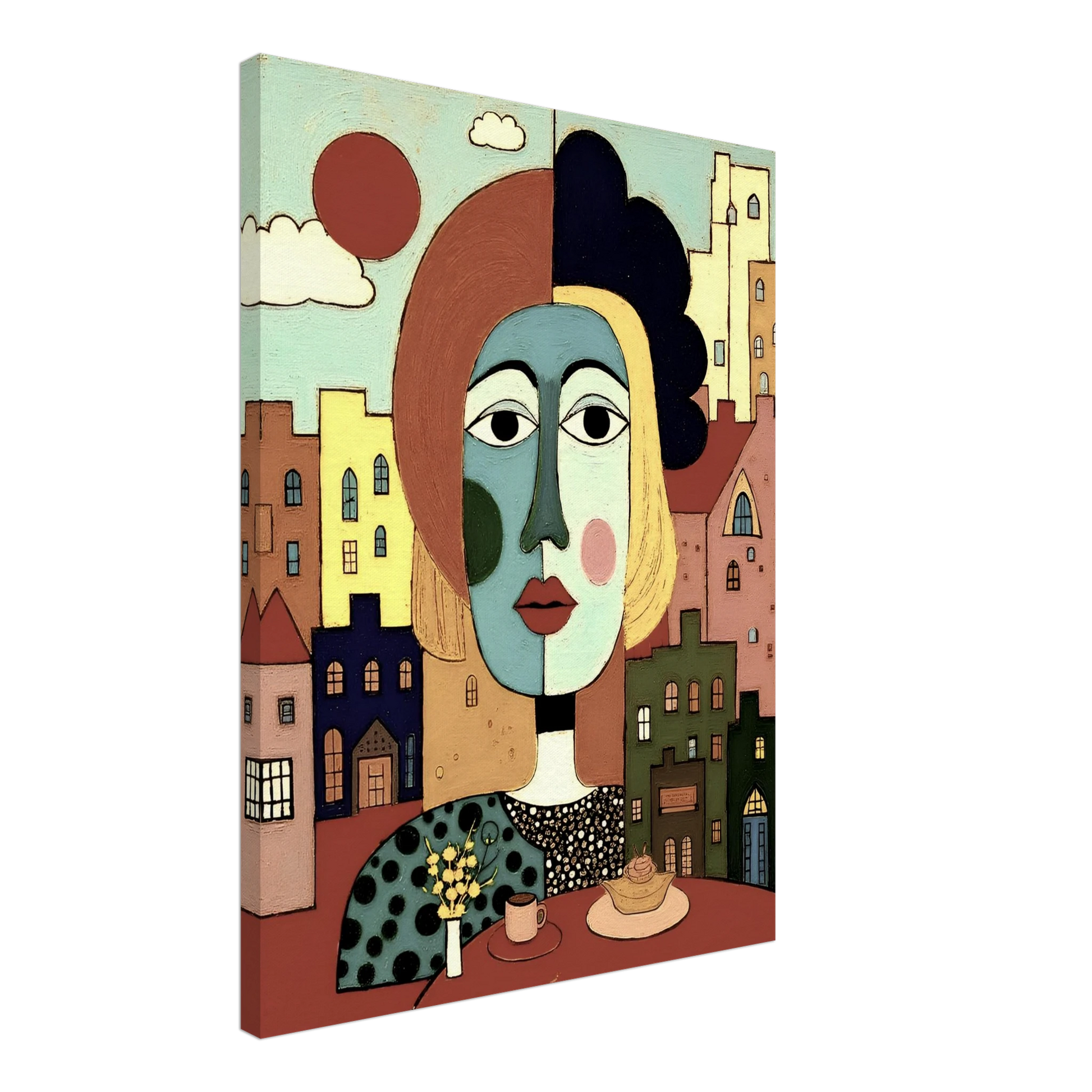 A cubist portrait of a woman at a café table with coffee and pastry, set against a pastel-colored cityscape and warm red sun.