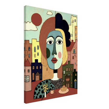 A cubist portrait of a woman at a café table with coffee and pastry, set against a pastel-colored cityscape and warm red sun.