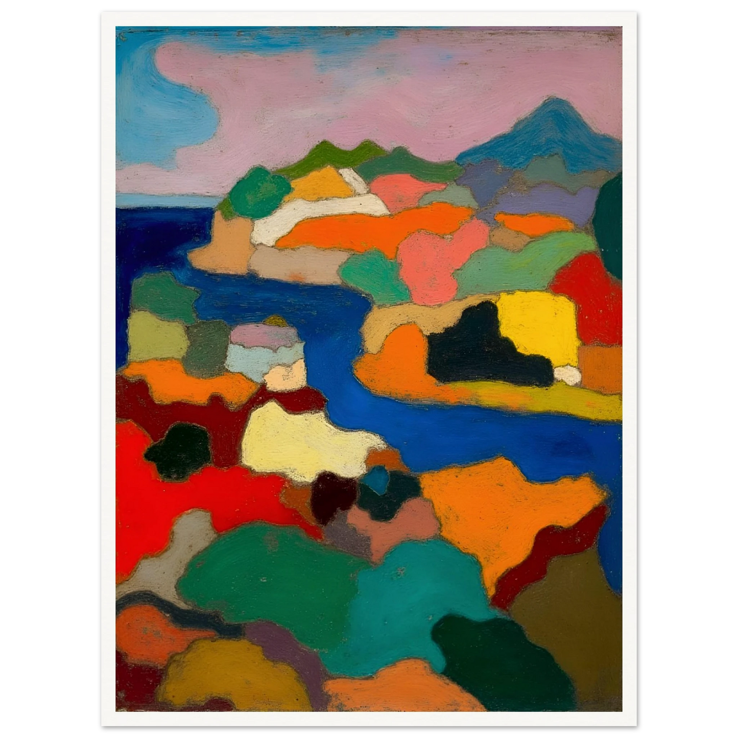 Vivid coastal hills and blue water unfold beneath a pink sky and distant mountain.