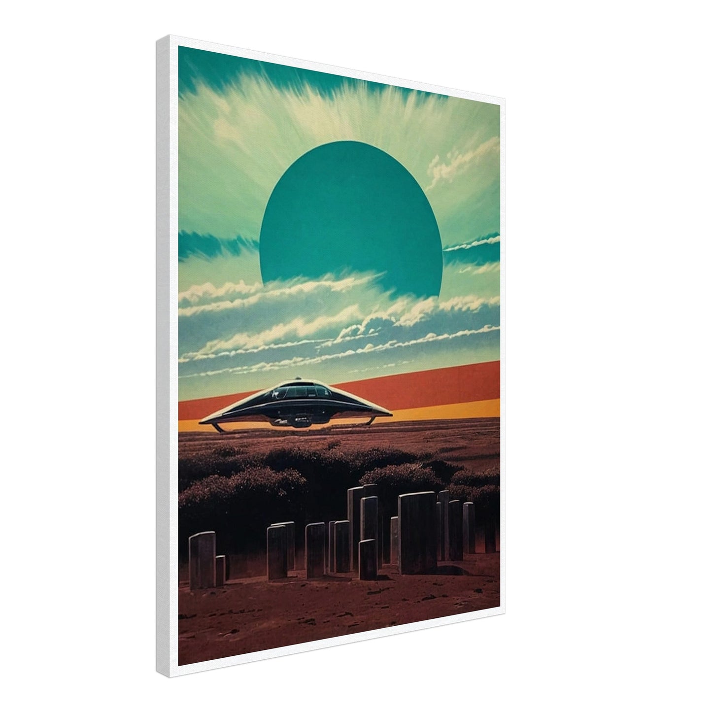 A futuristic landscape with a sleek spaceship hovering above a barren terrain, under a massive sunburst sky with a large teal sun dominating the horizon.