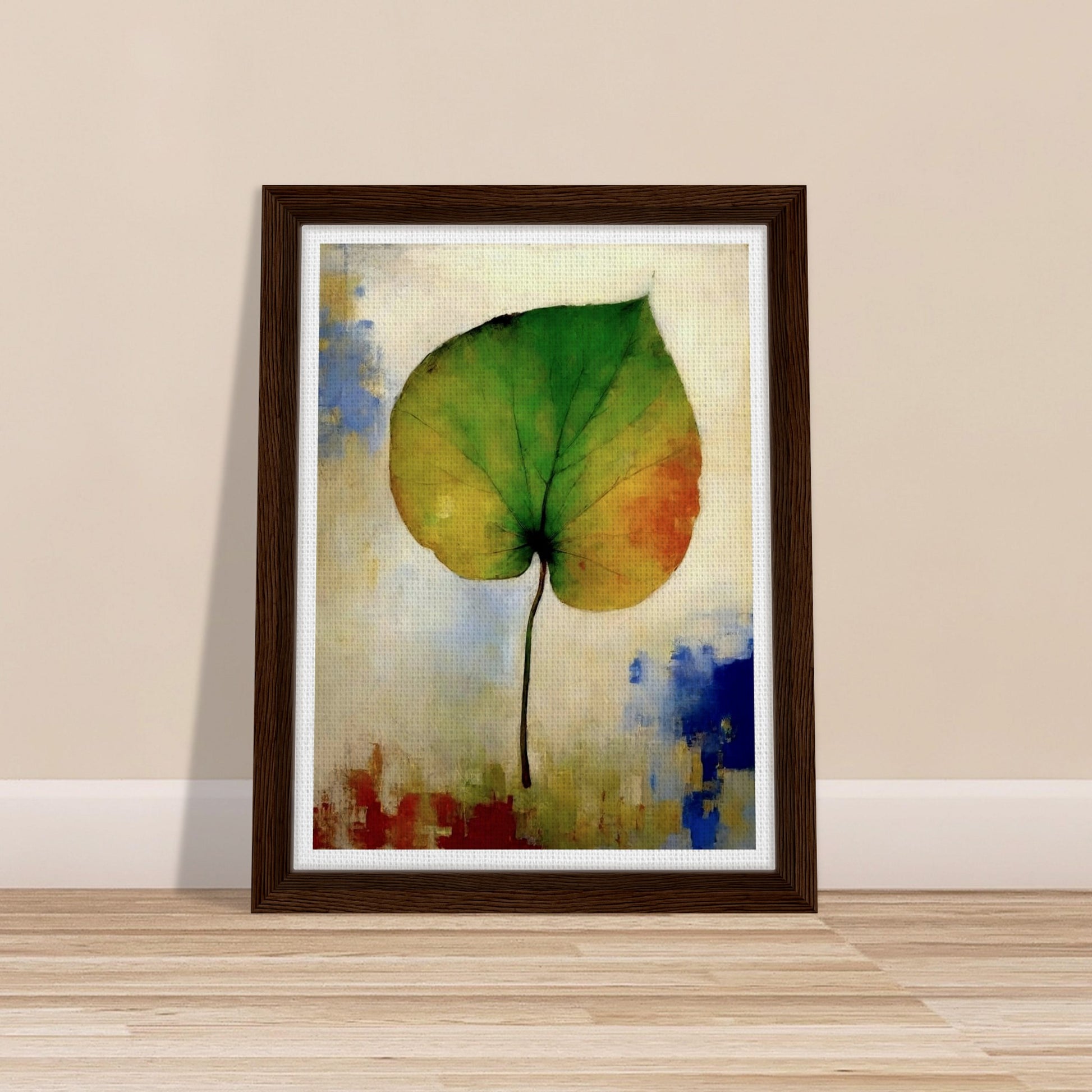 A single leaf showing a gradient from green to orange, standing against a softly textured background with hints of blue and red, symbolizing seasonal change.