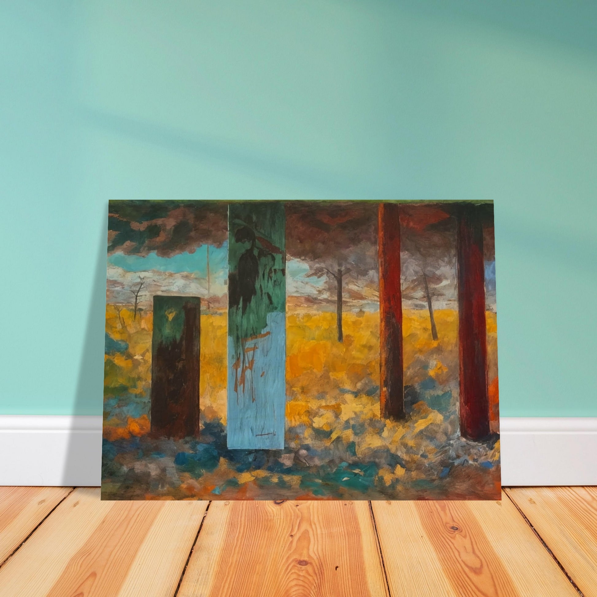 An abstract landscape painting featuring colorful vertical pillars against a backdrop of a vibrant field and dramatic sky.