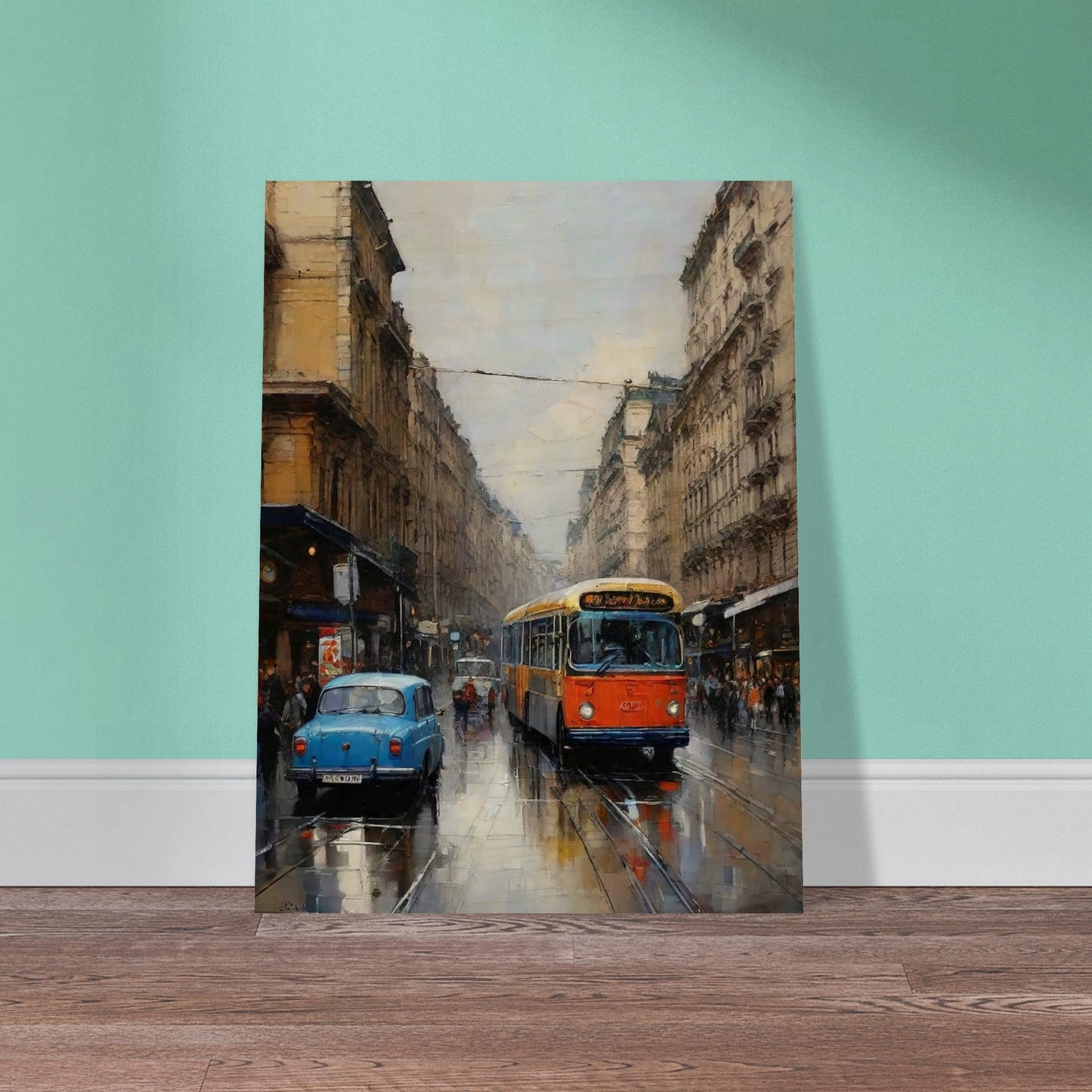 "A beautifully painted urban scene of a streetcar moving through a rainy city, with classic cars and reflective wet streets, evoking a sense of nostalgia."