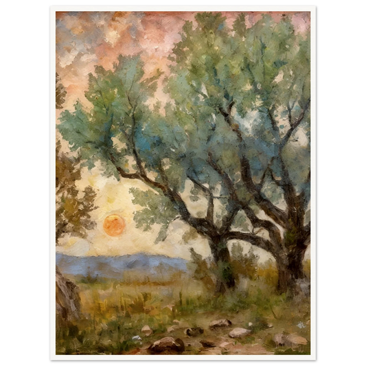 Sunset filters through tall, leafy trees, casting golden light over a rocky path and open field in this painterly forest scene.