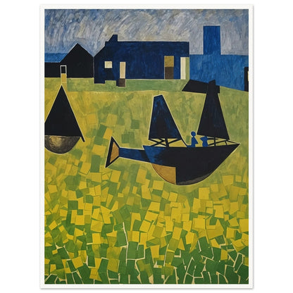 A vibrant abstract painting featuring stylized boats with dark sails floating on a sea of yellow and green geometric patterns, set against a backdrop of blue houses and a tower under a textured sky.