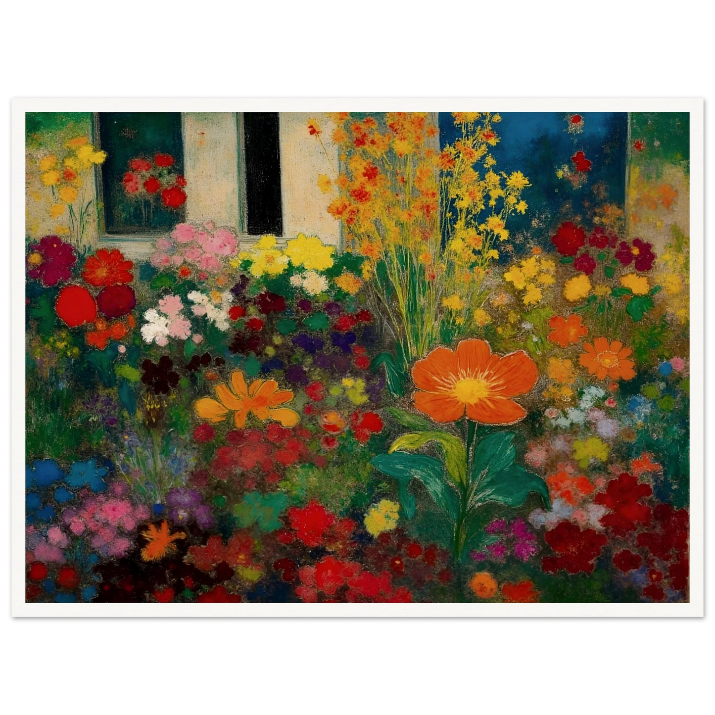Colorful garden blooms gather before a blue door and window, led by a bright orange flower.
