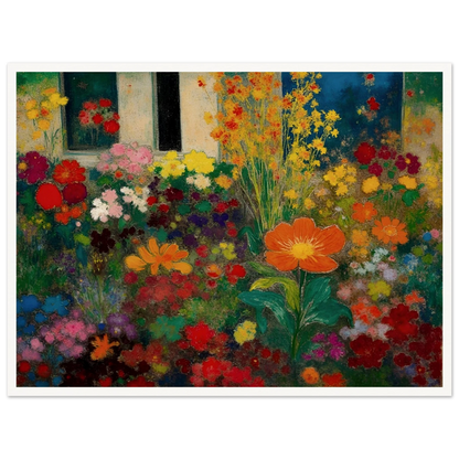 Colorful garden blooms gather before a blue door and window, led by a bright orange flower.