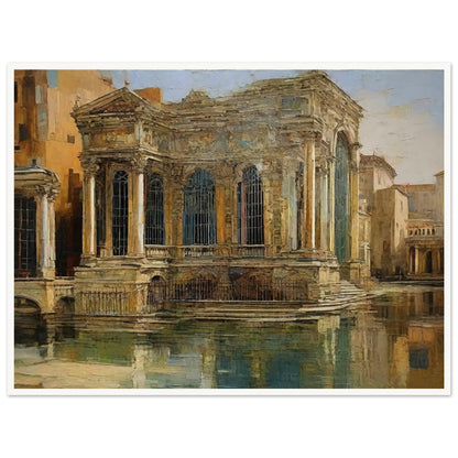 A grand, classical building with intricate columns and large windows, reflected in the calm waters of a historic European cityscape.