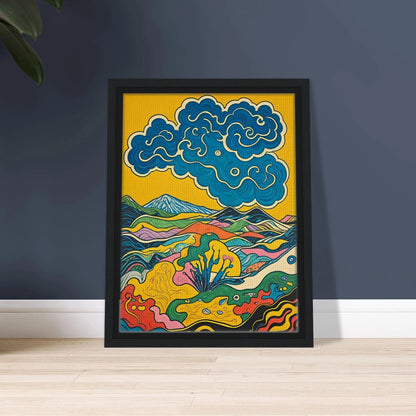 A vivid, psychedelic landscape of colorful hills and blue swirling clouds under a golden sky.