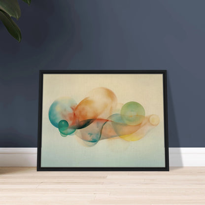Translucent pastel spheres and flowing organic shapes overlap in airy layers of teal, peach, gold, and mist on a serene light backdrop.