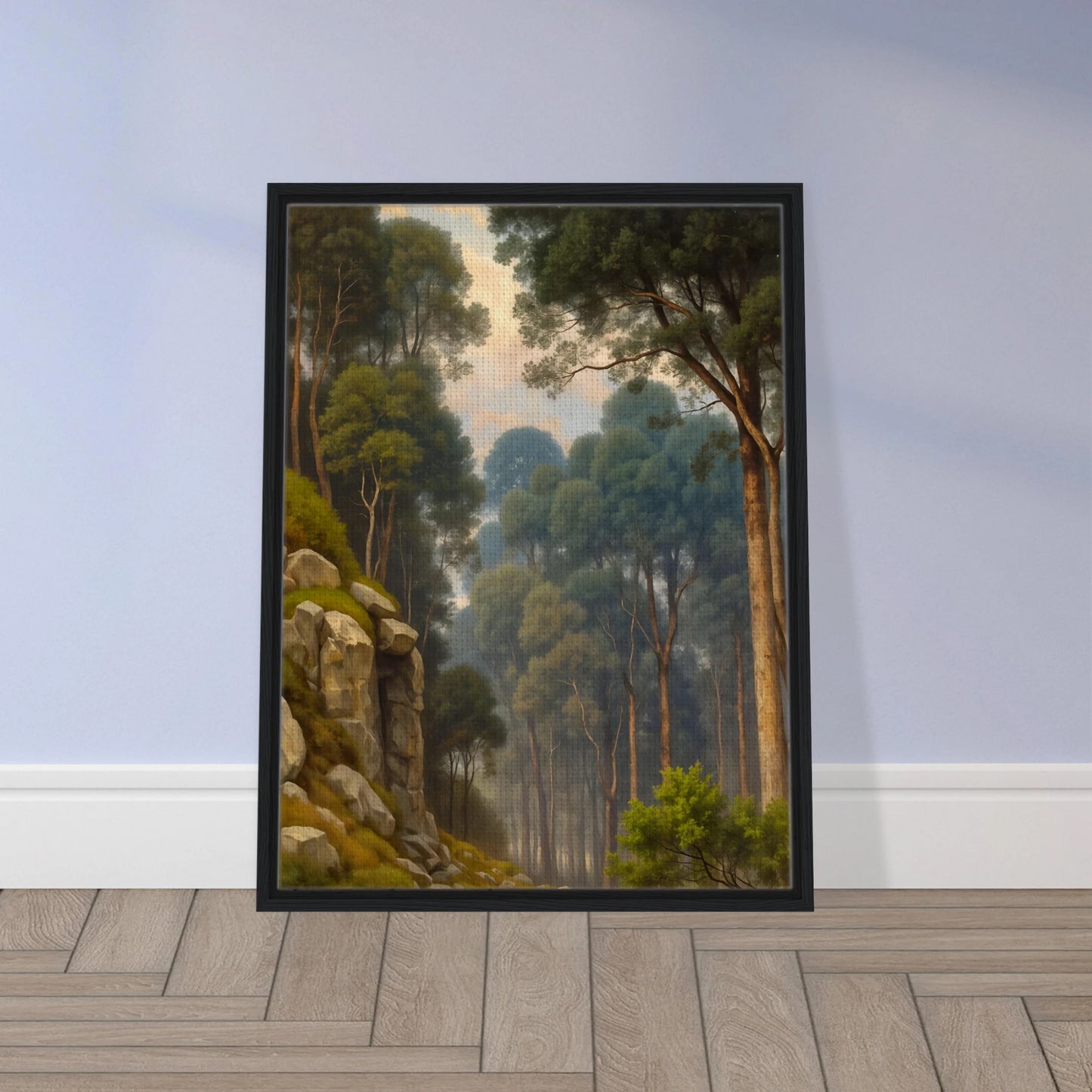 A serene woodland scene with towering pine trees, rocky slopes, soft morning light, and misty forest depth in lush green tones.