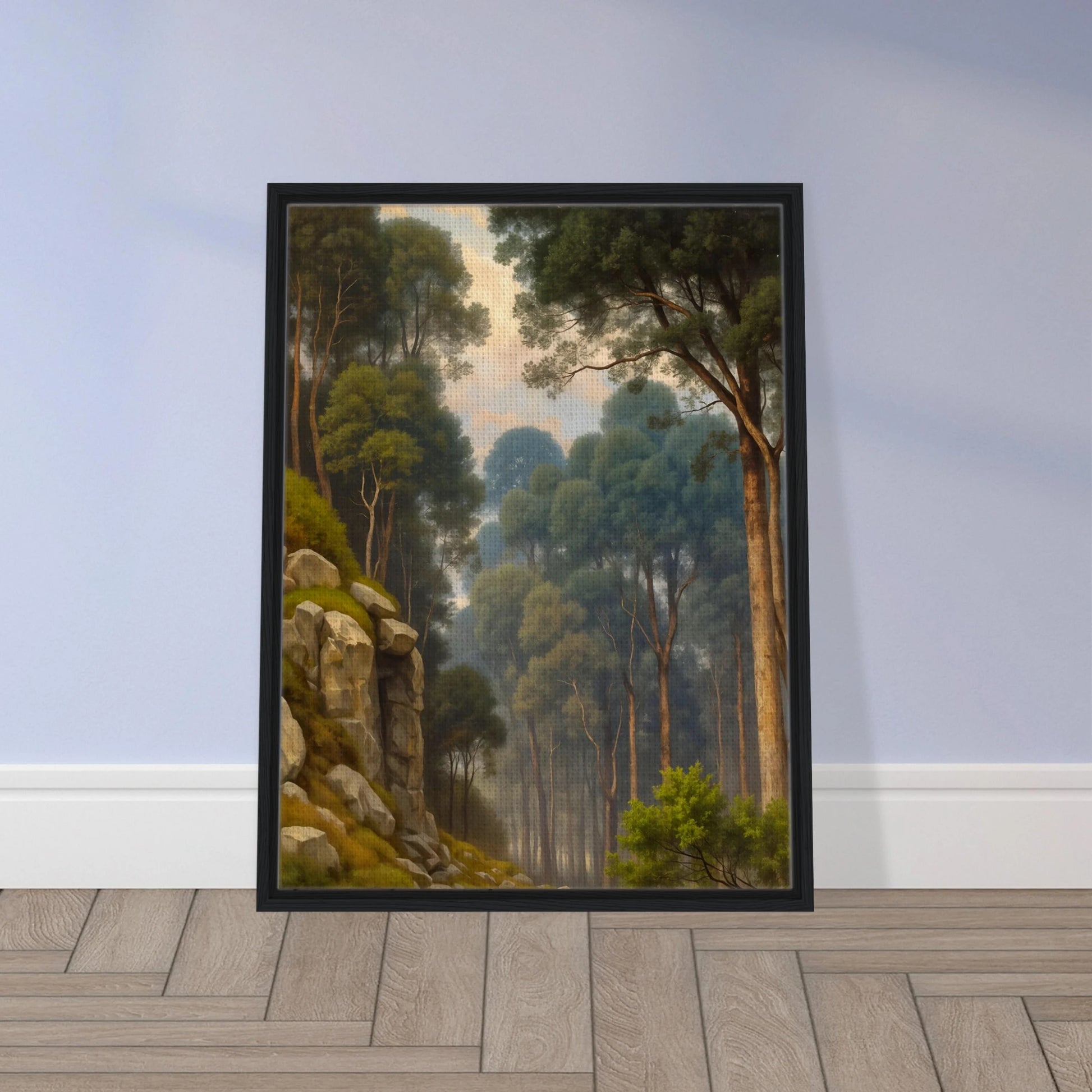 A serene woodland scene with towering pine trees, rocky slopes, soft morning light, and misty forest depth in lush green tones.