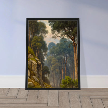 A serene woodland scene with towering pine trees, rocky slopes, soft morning light, and misty forest depth in lush green tones.