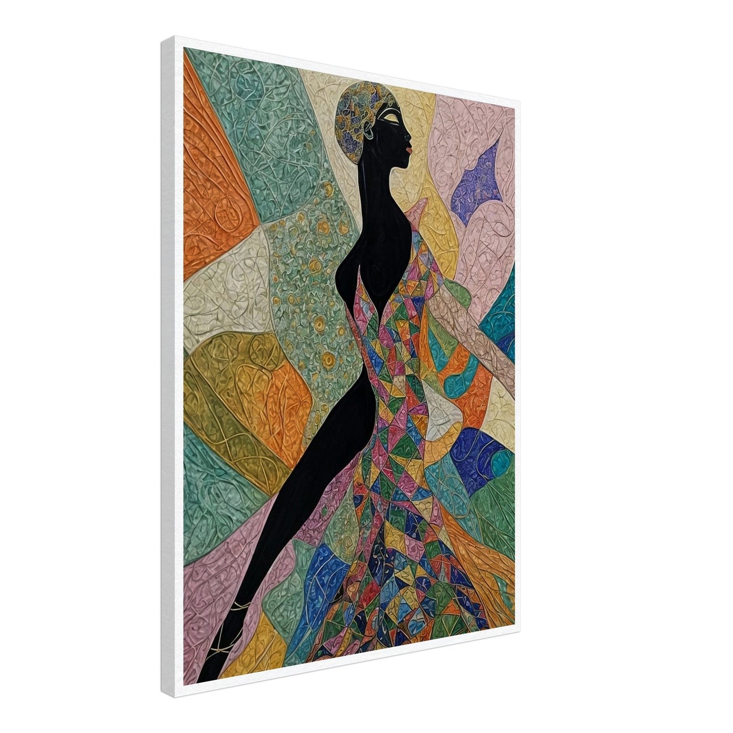 "A dynamic painting featuring a woman in a bold, geometric dress full of colors, poised in elegant motion, set against a vibrant abstract background."