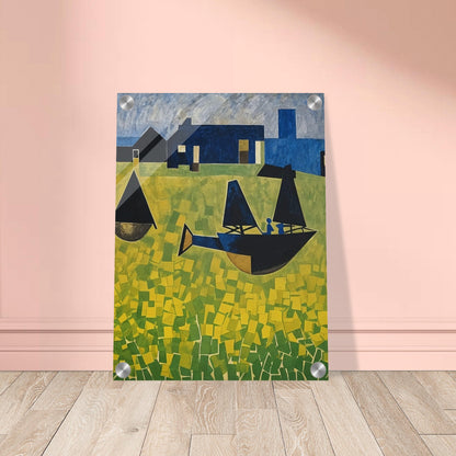 A vibrant abstract painting featuring stylized boats with dark sails floating on a sea of yellow and green geometric patterns, set against a backdrop of blue houses and a tower under a textured sky.