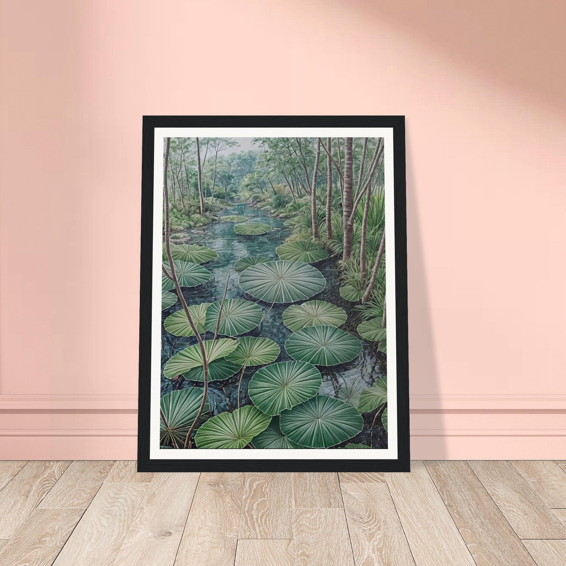 A serene painting of a lush green pond filled with large lotus leaves, surrounded by tall trees and dense foliage.