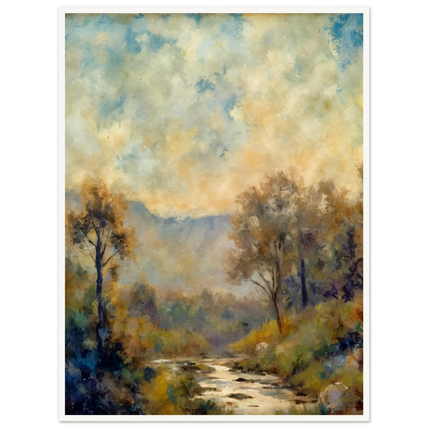 A misty river winds through a sun-dappled forest with soft blue mountains and cloudy skies in the distance.
