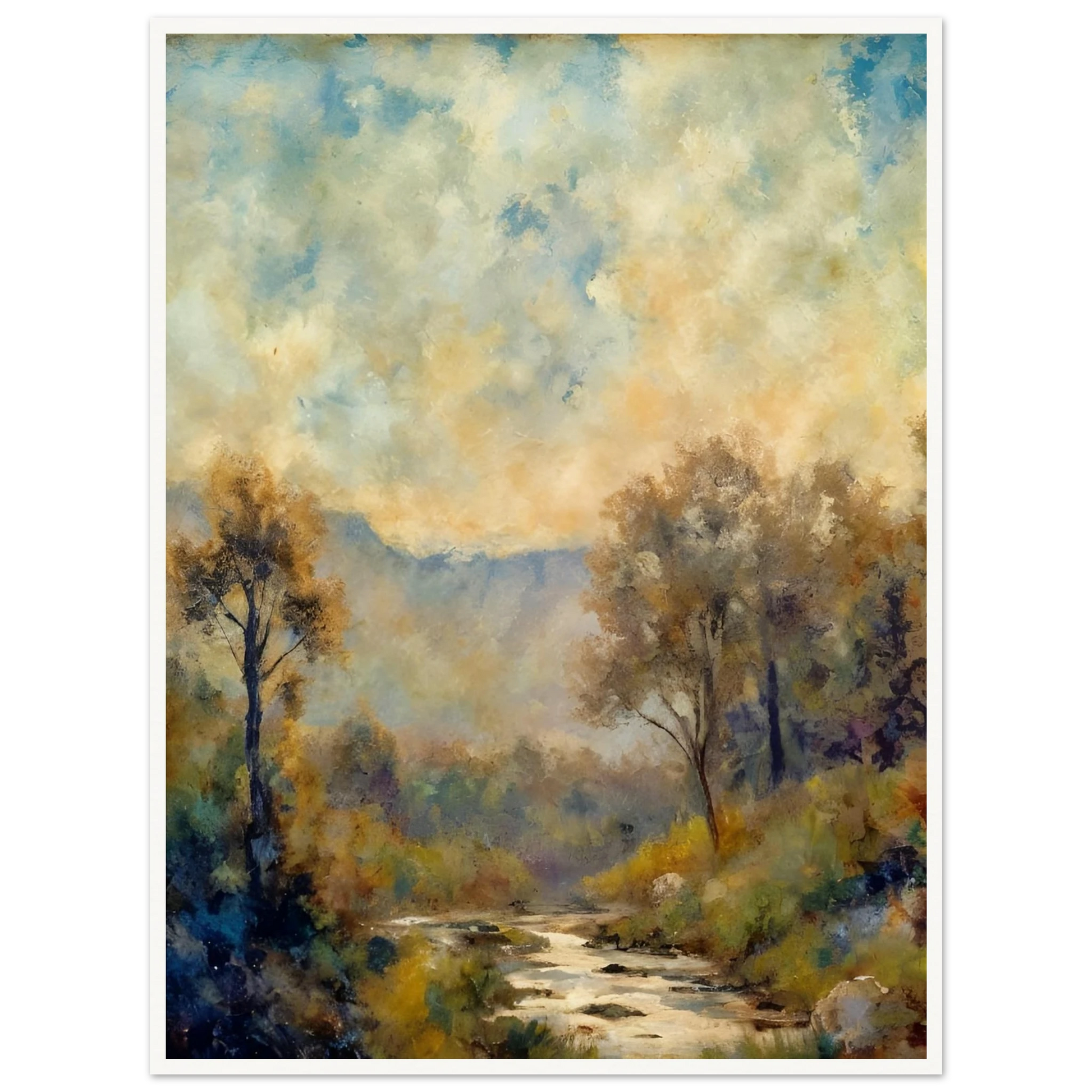A misty river winds through a sun-dappled forest with soft blue mountains and cloudy skies in the distance.
