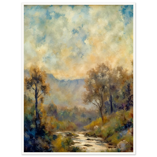 A misty river winds through a sun-dappled forest with soft blue mountains and cloudy skies in the distance.