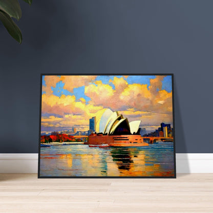 "A vibrant painting of the Sydney Opera House at sunset, with colorful clouds reflecting on the water, capturing the iconic structure and the city's skyline."