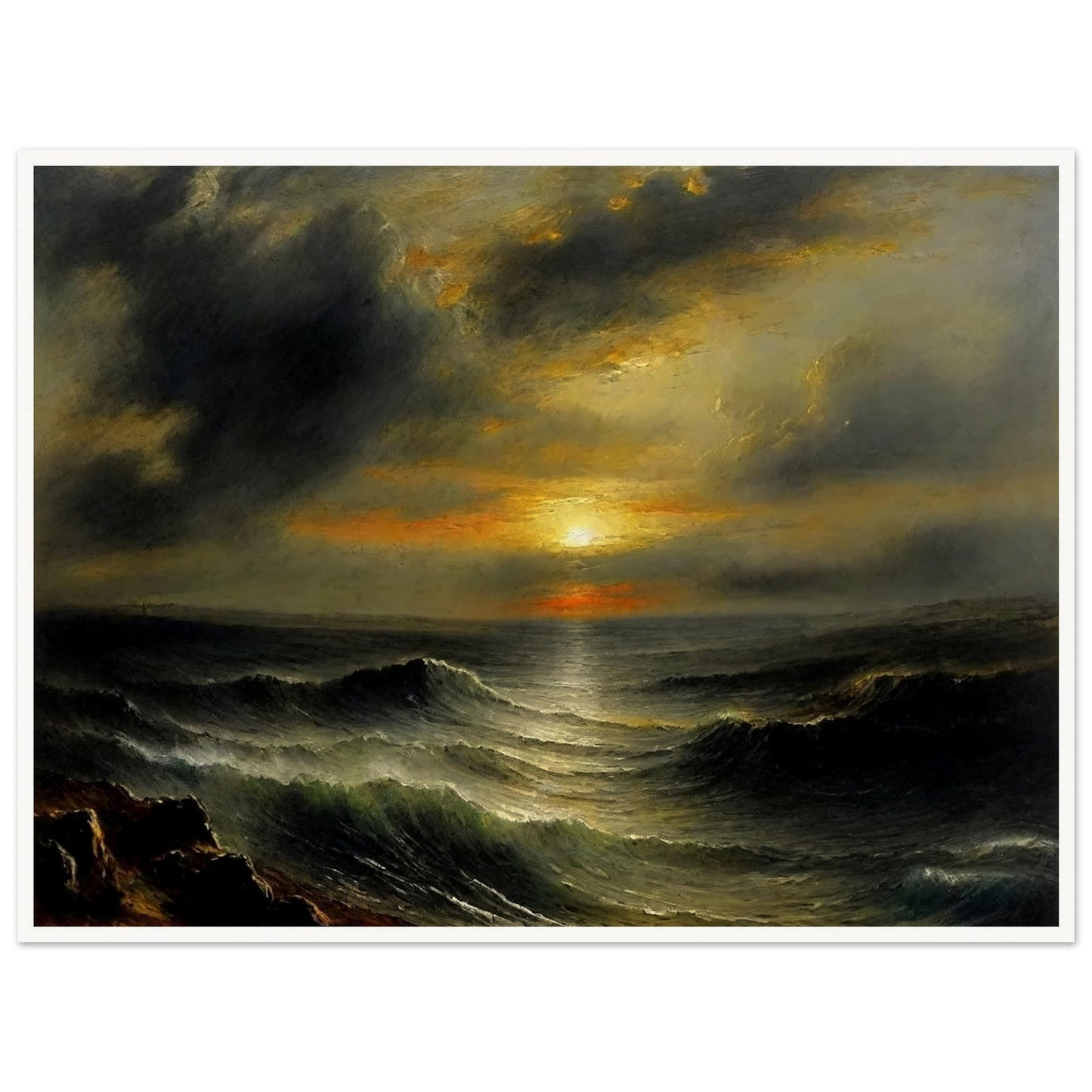 A dramatic seascape painting capturing the power and beauty of the ocean at sunset. The scene features turbulent waves under a cloudy sky, with the sun breaking through the horizon, casting an orange and yellow glow over the water.