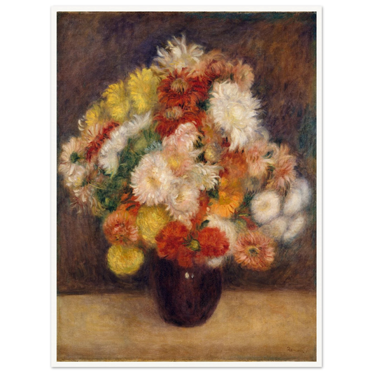 Chrysanthemum bouquet in red, yellow, and white blooms arranged in a dark vase