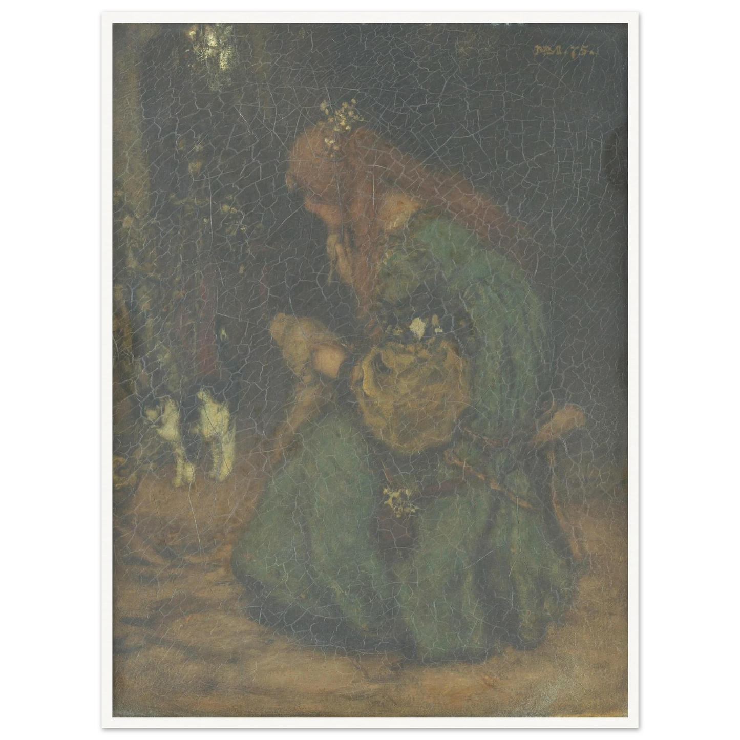 A young woman in a green dress bends over flowers beside a window, with a black-and-white cat nearby.