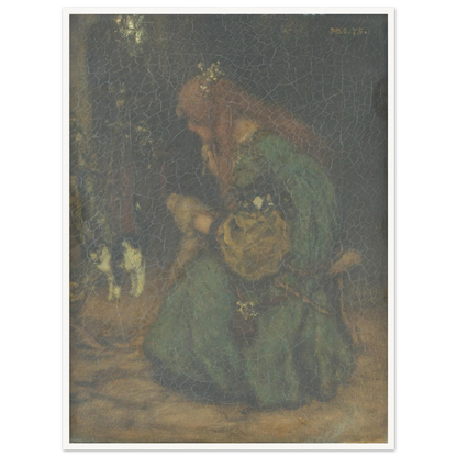 A young woman in a green dress bends over flowers beside a window, with a black-and-white cat nearby.