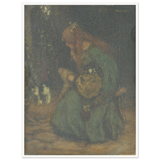 A young woman in a green dress bends over flowers beside a window, with a black-and-white cat nearby.