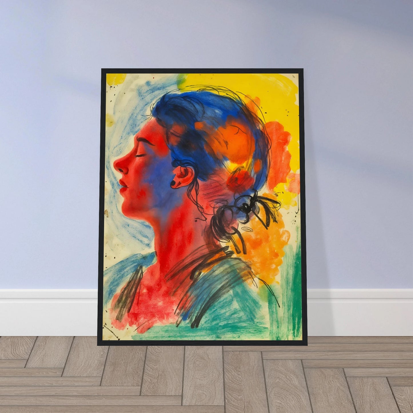 Vivid portrait of a serene woman in profile rendered with expressive blue, red, yellow, and orange washes against a luminous backdrop.
