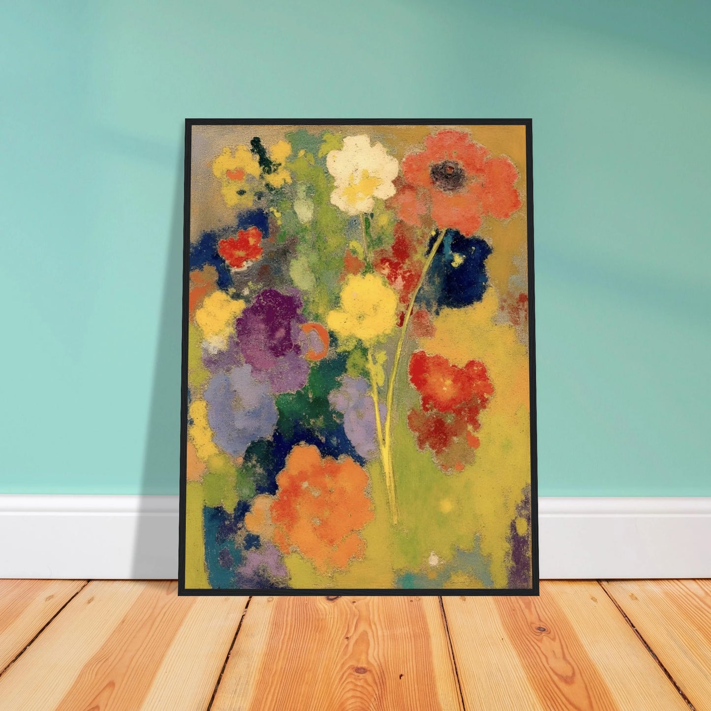Soft garden flowers in red, white, yellow, purple, and orange bloom against a warm golden field.